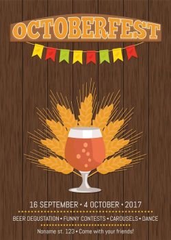Snifter Beer in Transparent Glassware Vector. Octoberfest creative poster with snifter glass of beer in transparent glassware vector on background of ears of wheat. Dark alcohol beverage