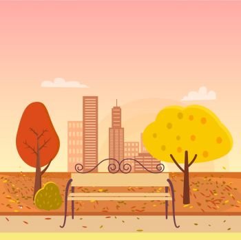 Autumn Park and Bench Vector Illustration. Autumn park, bench in the centerpiece, trees and bushes, leaves and cityscape, sunset and clouds in the sky on vector illustration