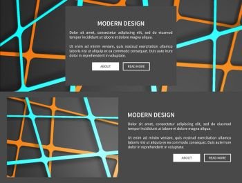 Modern Design Web Pages Set Vector Illustration. Modern design with geometric pattern, web pages with text sample and two buttons below it, set of two, vector illustration isolated on black