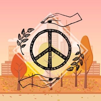 International Peace Day Vector Illustration Autumn. International peace day poster with two hands protecting sign of freedom vector illustration with olive branches on on autumn city park background