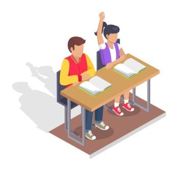 Two Students Boy and Girl Sit at Desk with Books. Two students boy and girl sitting at desk with open textbooks vector illustration with shadow isolated on white. Woman ready to answer rise hand