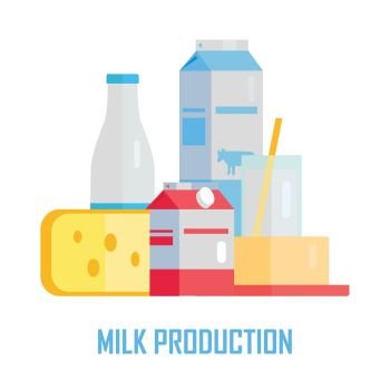 Milk production concept vector. Flat design. Set of traditional dairy products as milk, cheese, yogurt, butter, sour cream. Illustration for farm, grocery store ad, prints, icons, logo, web design   . Milk Production Vector Concept in Flat Design.. Milk Production Vector Concept in Flat Design.