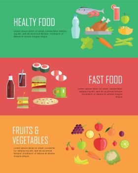 Set of horizontal banners for nutrition theme. Flat design. Collection of fast food, healthy food, fruits vegetables vector concepts. Illustration for cafe, grocery, farm web page, menus design.. Set of Horizontal Food Concepts Vector Banners. . Set of Horizontal Food Concepts Vector Banners. 
