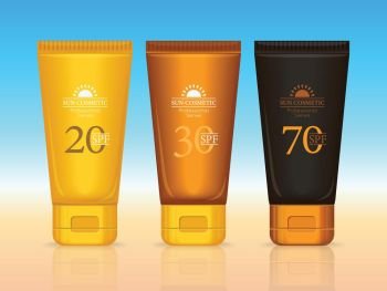 Sun Cosmetics Professional Series. Suntan Creams. Set of sun cosmetics professional series. Suntan creams 20 SPF, 30 SPF, 70 SPF. Sunscreen protection. Cosmetic container cream icons in flat style. Part of series of decorative cosmetics items. Vector