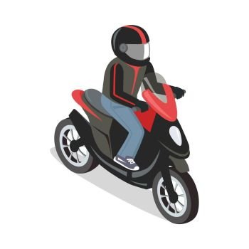 Scooter rider illustration in isometric projection. Picture for city transport, rtaveling concepts, web, applications icons, infographics, logotype design. Isolated on white background.  . Scooter Rider Illustration in Isometric Projection.. Scooter Rider Illustration in Isometric Projection.
