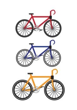 Set of color bikes vector. Sports and outdoor activities equipment flat illustration. For sport concepts, stores ad, icons or web design. Summer entertainments. Isolated on white background. Bikes Vector Illustration in Flat Design. Bikes Vector Illustration in Flat Design