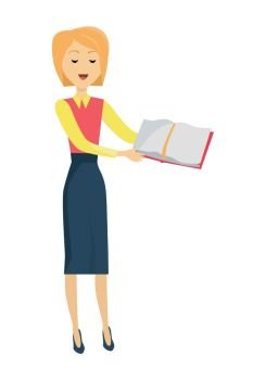 School Teacher with Textbook. Blonde school teacher in red blouse and blue skirt. Smiling teacher with textbook in hand. Stand in front. Learning process. Teacher isolated character. School personage. Vector illustration