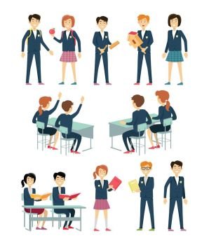 Set of School Education Situation. Set of school education situation. Set of illustrations with learning process, pupils in school uniform, pupils at school desk, school situation, school subject. Schoolgirl and schoolboy personage.
