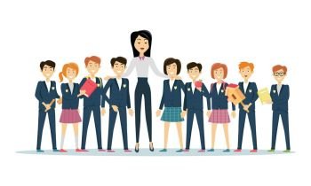 Teachers Day Celebration. Young Teacher with Pupils. Teachers day celebration. Young teacher with pupils. Back to school. Primary education. World Book Day. Awareness professor with appreciated students. Education concept. Vector illustration.