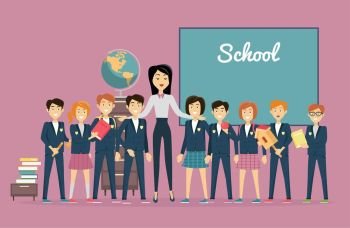Teacher and Pupils near Chalkboard. Back to School. Teachers day. Young teacher with pupils near the chalkboard. Word school written on the blackboard. Back to school. Primary education. World Book Day. Education concept. Vector illustration.