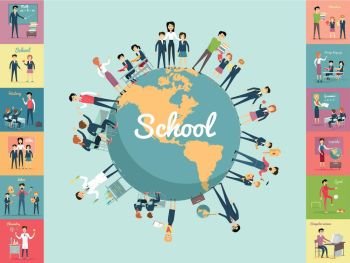 School Education in the World Concept.. School education in the world concept. Pupils and teachers holding hands around the globe. Set of illustrations with learning process, pupils in school uniform, teacher near blackboard, school subject