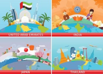 Welcome to Japan, Thailand, India, UAE. Welcome to Japan, Thailand, India, United Arab Emirates. Set of traveling advertisement banners. Landmarks of the well known asian places of interest on your photo. Vector illustration