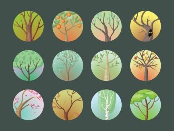 Vector Trees Set. Collection of Different Types. Vector trees set. Collection of trees. Oak, birch, sakura, planetree, maple,citrus, apple, pine. Cartoon style trees. Editable element for your design. Part of series of different trees Vector