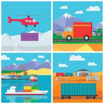Worldwide Warehouse. Logistics containers shipping. Warehouse worldwide design flat. Logistics container shipping and distribution. Transportation by water in the mountains in the desert and in the snow. Loading and unloading boxes. Vector illustration