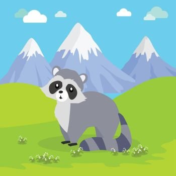 Funny Raccoon Illustration. Funny raccoon sitting on green grass on background of mountain landscape. Gray raccoon with striped tail. Animal adorable mammal raccoon vector character. Natural background. Wildlife character