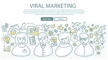 Viral Marketing Banner in Linear Style. Vector. Viral marketing banner in linear style. Social marketing, consulting center concept. Pay per click, viral video, online technology, service communication, support call, consultant operator. Vector