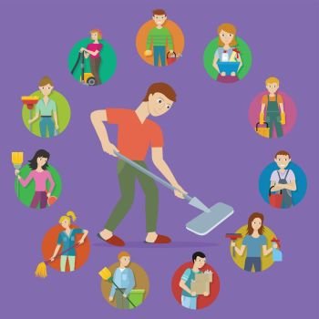 Cleaning Service Icon Set. Cleaning service round icon set. Man and woman with cleaning equipment and detergent. Cleaning staff characters. House cleaning service, professional office cleaning, home cleaning illustration.
