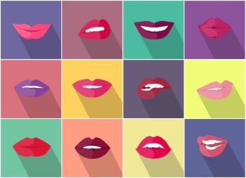 Set of Lips with Expression Emotions. Set of lips with expression of emotions. Funny emoticons expressing anger, happiness, sadness, joy, surprise, wonder, amazement. Different mood states collection isolated on white. Vector