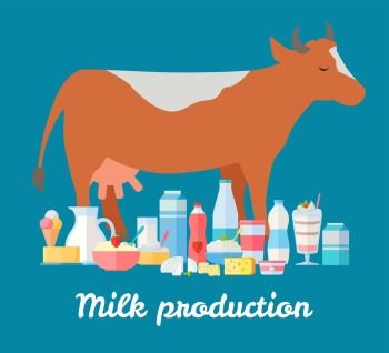 Milk Production Banner. Traditional Dairy Products. Traditional dairy products from cow s milk. Different dairy products near brown cow on blue background. Natural farm food concept. Assortment of dairy products. Vector illustration in flat style.