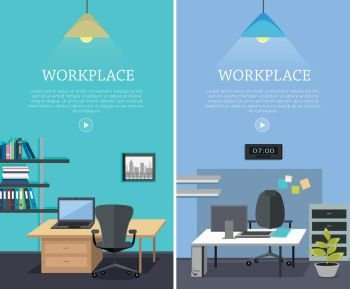 Set of Workplace Vector Web Banners in Flat Design. Set of workplace horizontal web banners in flat style. Bright office interior with desk, computer, armchair, ceiling light, shelves with documents. Design of comfortable, modern place for work