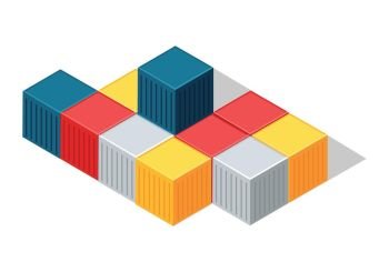 Sea Containers in Isometric Projection Vector. Sea containers vector. Isometric projection illustration. Line of different color metal containers for goods transportation on shops. For delivery company ad design, icons, games. Isolated on white