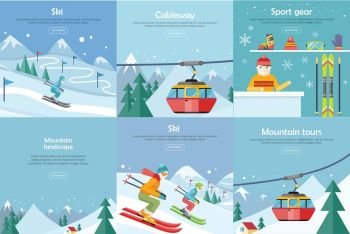 Set of winter leisure vector web banners. Flat style. Ski, cableway, sport gear, mountauin landscape, mountain tours concepts. Leisure on north nature. For mountain, ski resort landing page design. Set of Winter Leisure Vector Flat Style Banners. Set of Winter Leisure Vector Flat Style Banners
