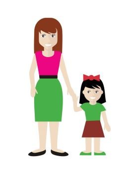 Mother and Daughter illustration in Flat Design.. Mother and daughter vector in flat design. Smiling woman with little, cute girl holding hands. Childhood, family relations, motherhood and parenting illustrating. Isolated on white background.