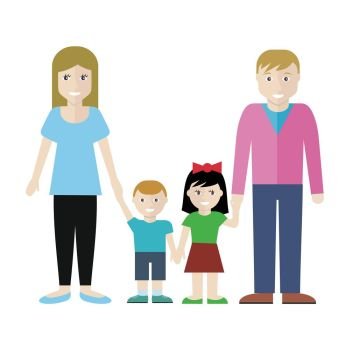 Family Concept Vector Illustration in Flat Design.. Family concept vector in flat design. Parents with children holding hands. Smiling boy and girl with father and mother standing together. Couple with son and daughter illustration. Isolated on white.