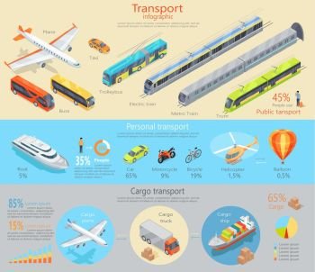 Transport Infographic. Transportation. Vector. Transport infographic. Public transport. Personal transport. Cargo transport. Statistics of transport usage. Shown amount of people using each type of transportation. Transport system concept. Vector