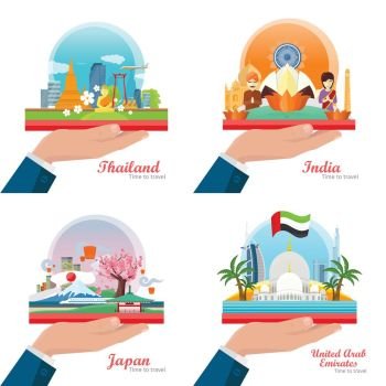 Welcome to Japan, Thailand, India, UAE. Travelling. Time to Travel. Welcome to Japan, Thailand, India, United Arab Emirates. Set of traveling advertisement banners on the outstretched hand. Landmarks of the well known asian places of interest. Vector