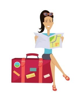Woman Seating on Suitcase. Summer vacation concept. Traveling with baggage illustration. Flat style design. Smiling brunette woman seating on suitcase and looking in road map. Isolated on white background.