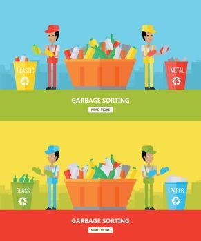 Garbage Sorting. Website Design Template. Garbage sorting. Two men sorting garbage. Waste recycling concept. Sorting process different types of waste. Garbage destroying. Website design template. Vector illustration in flat style design.