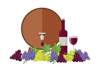 Wooden Barrel with Wine. Different Grapes Sorts .. Wooden barrel with wine. Different sorts of grapes. Bottle and glass of check elite vintage strong wine. Bunches or clusters of grapes. Part of series of viniculture production items. Vector