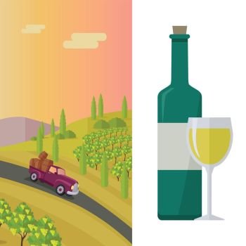 Wine Production Banner. Poster for White Vine.. Wine production banner. Bottle of wine, beaker, vineyard, wooden barrel, with grape valley on background. Creative advertisement poster for white wine. Part of series of viniculture preparation. Vector