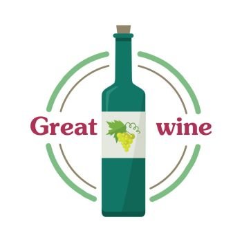 Great Wine Botlle. Check Elite Vintage Light Wine.. Great wine botlle with white wine isolated. Check elite vintage light wine. Winemaking concept. Vine icon or symbol. Part of series of viniculture production and preparation items. Vector