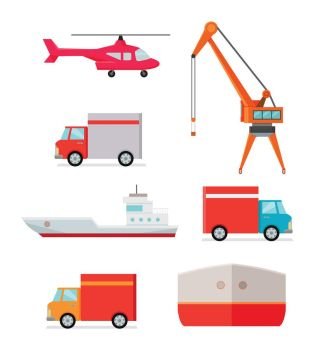Set of Transports for Worldwide Goods Delivering.. Set of transports for goods delivering. Helicopter truck excavator ship container car icons. Logistics container shipping and distribution. Transportation to any part of world. Loading and unloading