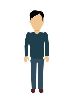 Man Character Template Vector Illustration.. Male character without face in blue pullover and pants vector in flat design. Man template personage figure illustration, mobile app pictogram, logos, infographic. Isolated on white background.