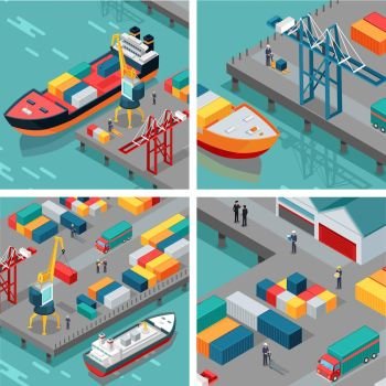 Set of cargo port vector illustrations. Isometric projection. Ships with steel containers standing on the berth at the port, crane, workers, cars shore. For transport or delivery company ad design. Cargo Port Illustrations in Isometric Projection. Cargo Port Illustrations in Isometric Projection