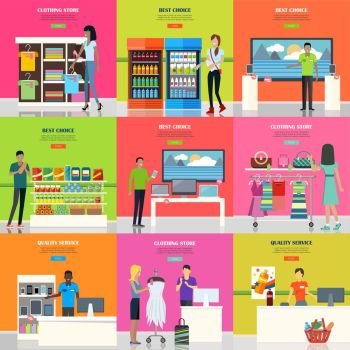 Set of Advertisement Posters. Shopping Banner.. Set of advertisement posters. Shopping banner. Different stores of supermarket. People in supermarket interior design. Marketing people, market shop interior, customer in mall, retail store. Vector