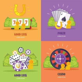 Set of gambling conceptual vector banners in flat style. Good luck, poker, casino concepts with assessors. Illustrations for gambling industry, sport lottery services, icons, web pages, logo design.  . Set of Gambling Conceptual Vector Banners.  . Set of Gambling Conceptual Vector Banners.  
