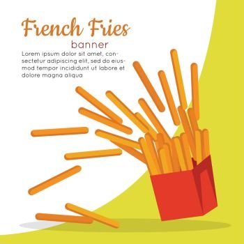 French Fries Crispy Potatoes. French fries banner. Crispy potatoes in red paper bag. Junk unhealthy food. Consumption of high calories nourishment fast food. Part of series of promotion healthy diet and good fit. Vector