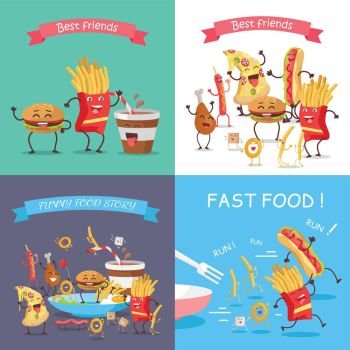 Fast Food Cartoon Characters Banner Set. Fast food cartoon characters banner set. Happy fast food cartoon characters runing, fun, rejoice and dance. French fries, hot dog, pizza, cola, hamburger, fried eggs, chicken leg and bacon characters