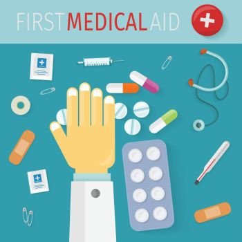 First Medical Aid Banner. Hospital Equipment. First medical aid banner. Thermometer pills drugs stethoscope plaster safety pins syringe and doctor hand. Equipment, medicine and hospital, healthcare and pharmacy, emergency and care. Vector
