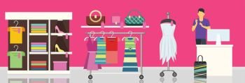 Fashion Store Shop Dresses Clothes.. Hangers and shelves with female clothes and accessories. Female clothing store illustration. Man behind counter of store. People shopping, marketing people, customer in mall, retail store illustration