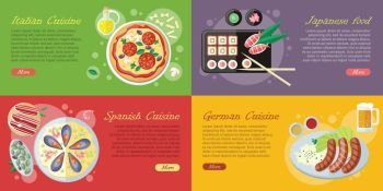 National Dishes and Drinks Web Banners. Vector. National dishes and drinks web banners. Pizza, beer, sausage, sushi, sea food horizontal concepts on abstract background. German, Japanese, Italian, Spanish cuisine famous meals. For restaurants page