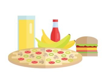 Group of food vector illustration. Flat design. Collection of various food and drink juice, pizza, banana, hamburger, ketchup on white background for diet, menus, signboards illustrating, web design.. Food Concept Illustration in Flat Style Design.. Food Concept Illustration in Flat Style Design.