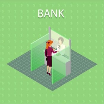 Bank concept vector concept in isometric projection. Read-head woman gives money cashier on cash register. Illustration for business, finance companies ad, apps design, icons, infographics.  . Bank Concept Vector in Isometric Projection.. Bank Concept Vector in Isometric Projection.