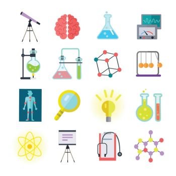 Set of Colorful Science Icons. Set of colorful science icons. Symbols of different sciences tube, metronome, magnifying glass, brain, telescope, stethoscope, light, measuring device. Scientific research learning science test