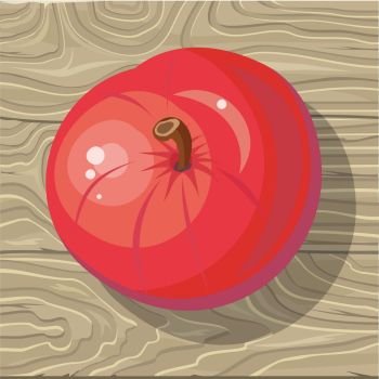Ripe red apple on wooden background. Flat design vector. Fruit on table. Healthy vegetarian organic food. Autumn harvest concept. Natural gardening. Illustration for plant farm, grocery store ad. Apple on Wooden Background Vector Illustration. Apple on Wooden Background Vector Illustration