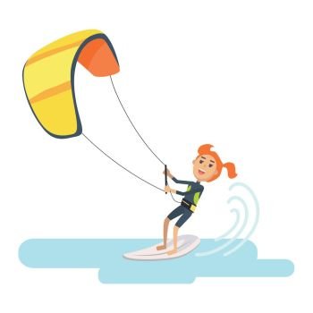 Woman Takes Part at Kite Surfing Spain Festival. Woman takes part at kite surfing Spain festival isolated on white. Kitesurfing is style of kiteboarding. Girl windsurfing on water surface with air kite. Water sport vector illustration in flat style